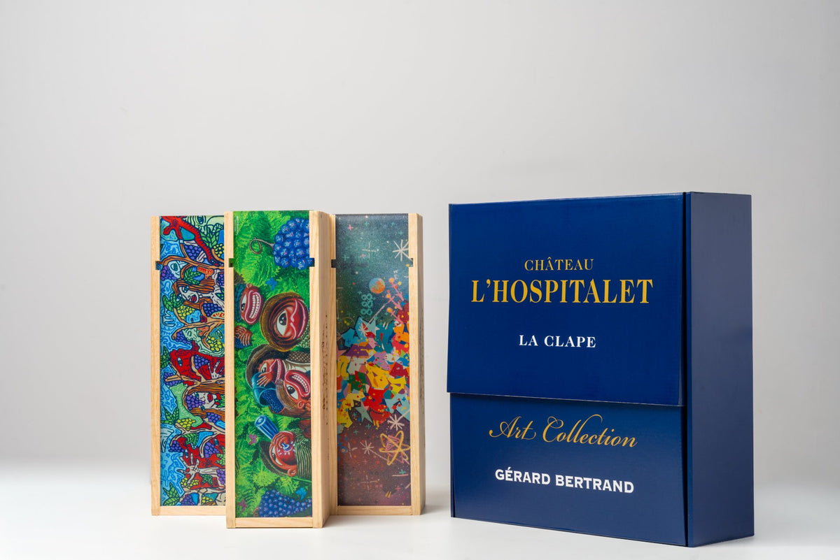Château l'Hospitalet Grand Vin rode wijn Houten Kist Gelimiteerde Editie Robert Combas, Hervé Di Rosa en Cyril Kongo