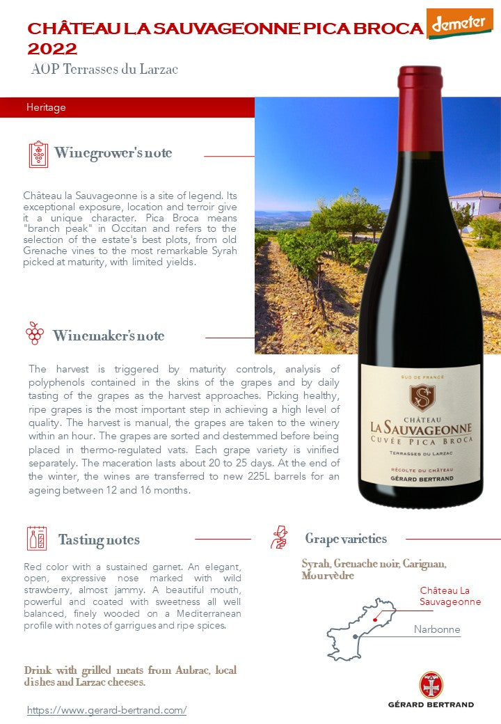 Château la Sauvageonne Pica Broca vin rouge biodynamique 2022 Lot 6 Bouteilles 75cl - Gérard Bertrand 