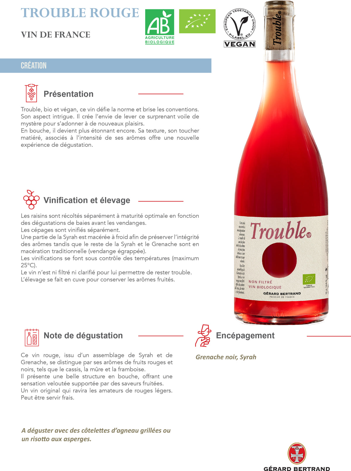 Trouble xp biologische rode wijn Niet Gefilterd 2024 75cl - Gérard Bertrand 
