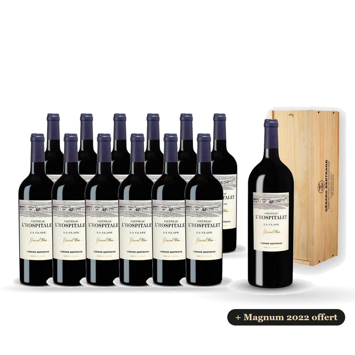 Lot de 12 Château l'Hospitalet Grand Vin rouge 2023 avec magnum 2022 en coffret bois offert
